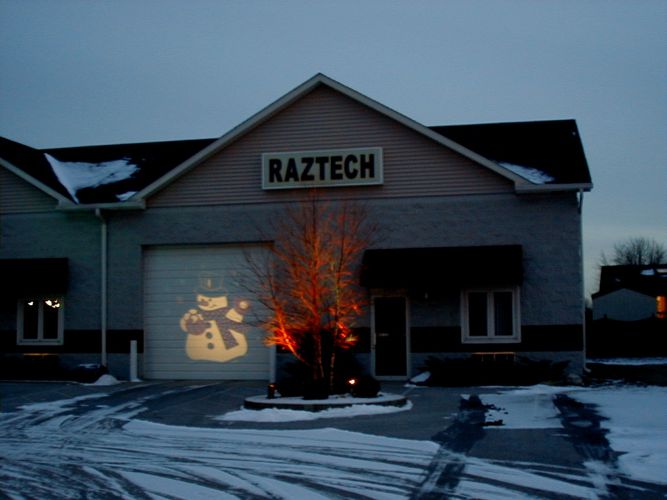 Snowman scene created with a RazTech holiday projector
